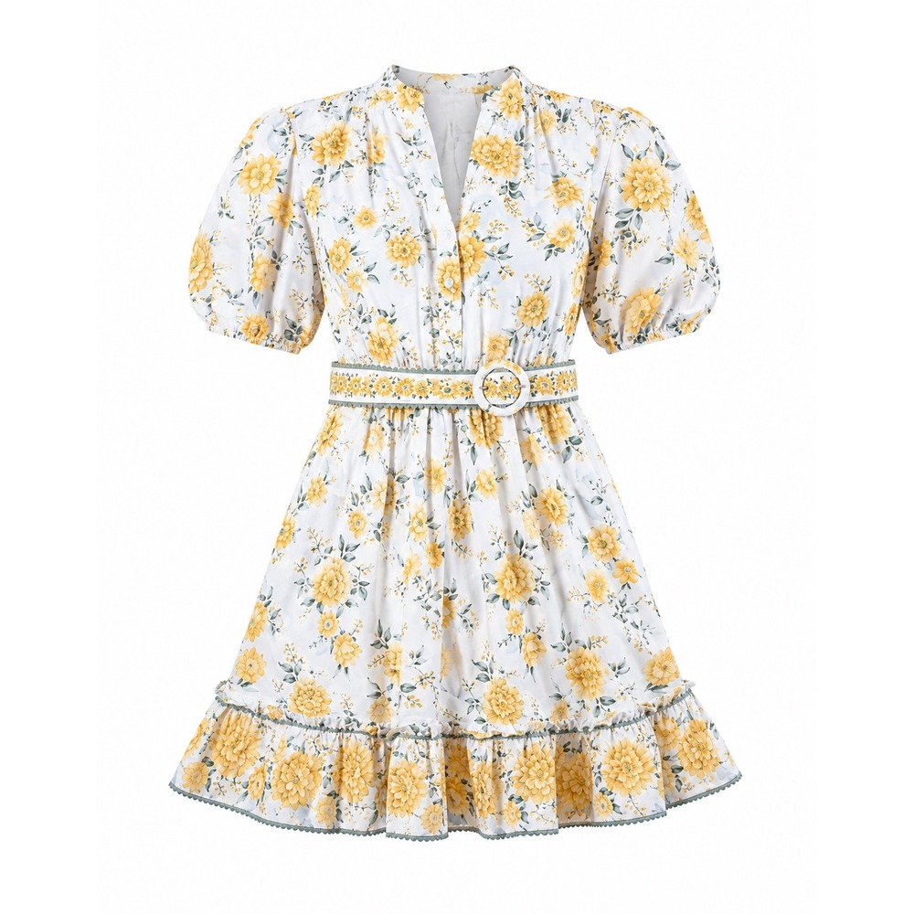 Nicole Miller Floral‎ Belted Mini Dress women 4 yellow Cottagecore party summer